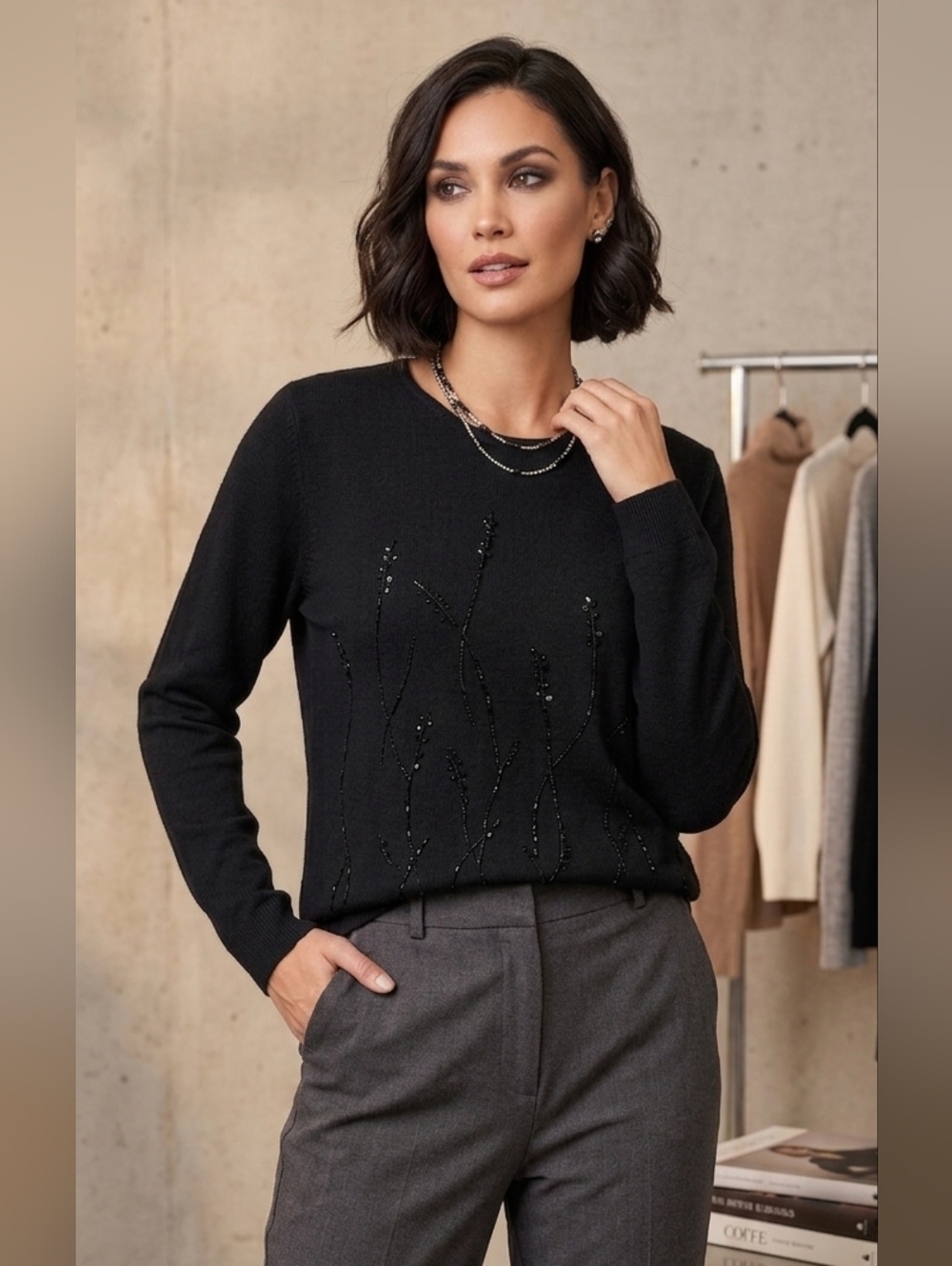 5 For $25✨️Vintage City Trend Medium Black Longsleeve Beaded Embroider Sweater
